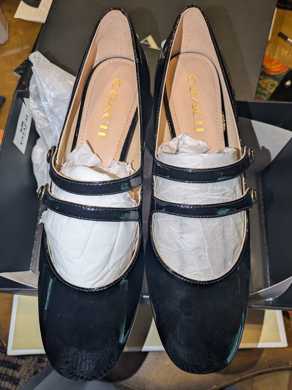Angelina Black Patent Double-Strap Mary Jane Block Heels